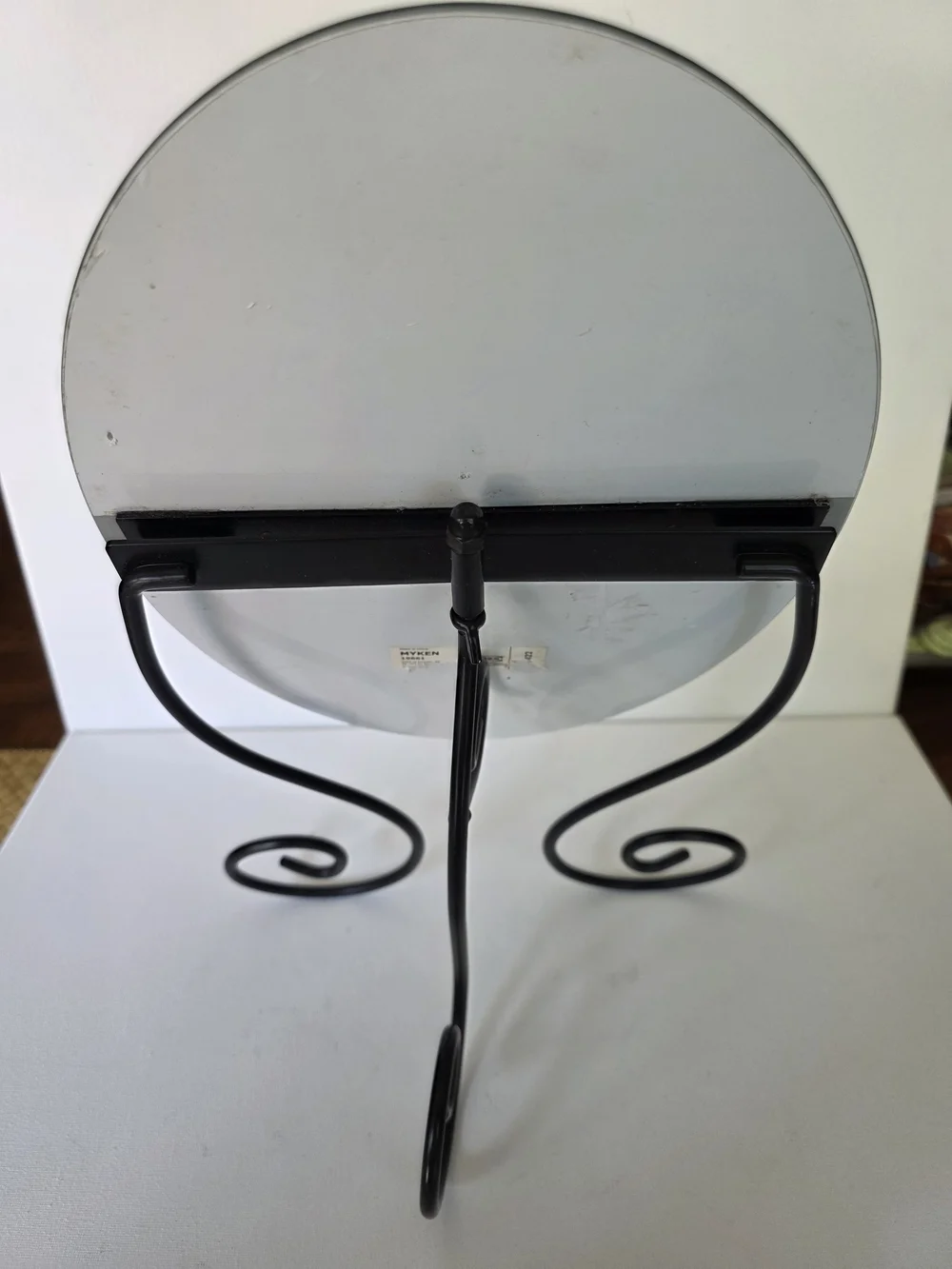 Vintage 1999 Myken Round Vanity Mirror with Black Scroll Frame